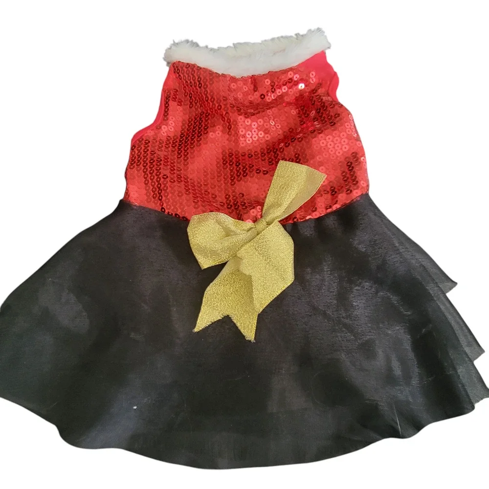 2 Christmas Holiday Party Dog Dress Red Black Sequin Velvet Bows Size Small